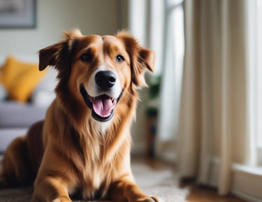 A small group of dogs happily interacting in a clean, green outdoor play space.