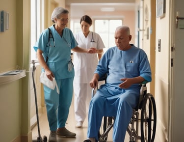 Coordinated team discussing discharge plans around a hospital conference table.