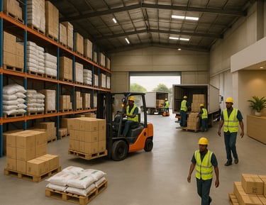 a group of workers in a warehouse with pallets