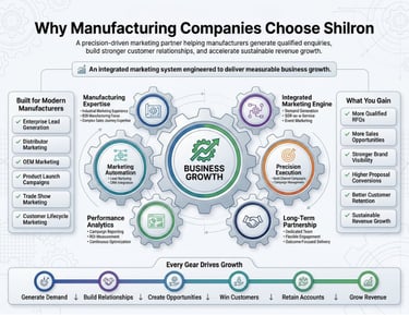 Industrial B2B marketing infographic showing how manufacturing companies drive business growth through lead generation and