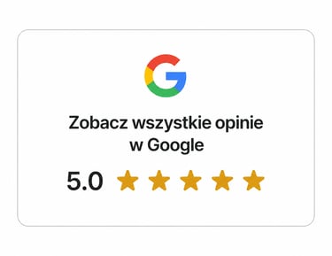 A Google reviews badge showing a 5.0 star rating and a link to see all customer opinions in Polish.