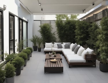 A completed outdoor space featuring landscaping and seating areas.