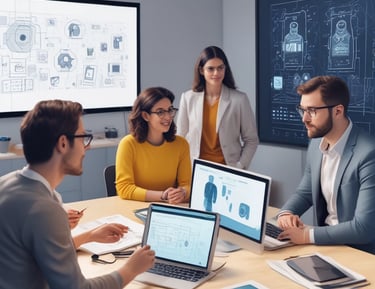 Four small, white robot figures are sitting in a row, each with a laptop in front of them. They have round bodies and blue accents, with 'AI' displayed on their chests. The background is minimal and light gray, emphasizing the robots and their computers.