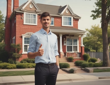 An old wooden house with a brown tiled roof stands in front of two modern high-rise apartment buildings. The house has a weathered appearance with a small window, and there is a 'for sale' sign on the side. The modern buildings behind are much taller, with multiple balconies and windows. The sky is a clear blue.