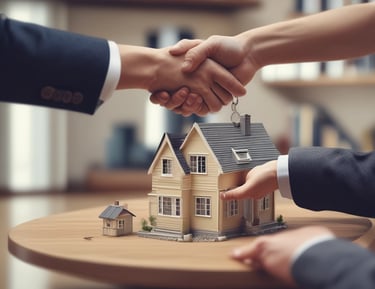 A welcoming office space with a team of professionals discussing real estate options.