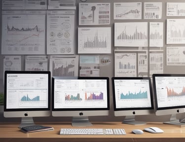 An office setting with charts and graphs displayed on a large screen.