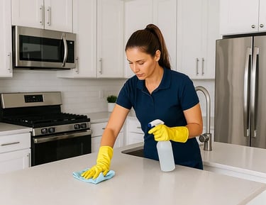 cleaning professional wiping a modern kitchen counter