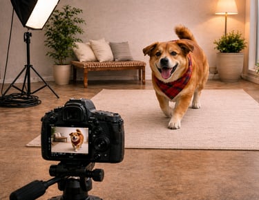 A cute dog wearing a red bandana posing for a professional pet photography session in a studio.