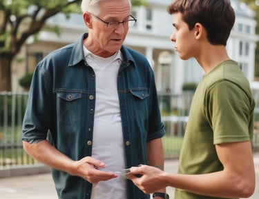 An older man speaking with a younger man