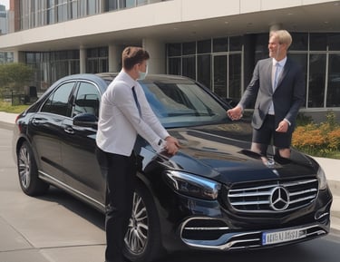 A pink taxi with environmental advertising is driving on a city street. The vehicle has the words 'This cab is green' on its side, promoting renewable electricity from a company called Bulb. The street is lined with traditional European architecture buildings, and there are pedestrians walking by an urgent care center.