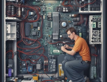 Technician repairing a desktop computer with tools on a workbench.