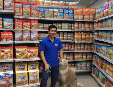 A colorful pet store section with a vibrant blue and yellow floral theme. Shelves are filled with pet party kits, grooming products, and toys. A plush cushion shaped like a flower with a smiley face is placed in the corner along with stuffed animals resembling dogs and lions. The area is labeled as 'Pet Zone' with a prominent sign.