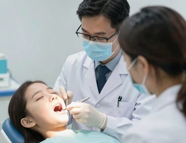 Two dental professionals perform a procedure on a patient. One is wearing specialized eyewear and is focused on using a dental instrument. The patient lies in a dental chair, wearing a protective bib.