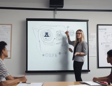 Four small, white robot figures are sitting in a row, each with a laptop in front of them. They have round bodies and blue accents, with 'AI' displayed on their chests. The background is minimal and light gray, emphasizing the robots and their computers.