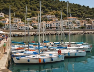 A cozy sailboat deck at sunset, with people relaxing after a day on the water.