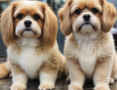 A pet store window display featuring various pet products such as scratching posts, pet food, and toys. The signage above the window has a playful design with colorful letters and a cat face within a letter. There is a poster on the door advertising a promotion. The weather appears overcast with some reflections on the wet pavement.