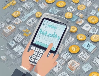 A hand is holding a smartphone displaying a financial application. The screen shows a chart with a growth prediction in percentage, and sections labeled Personal, Retirement, and Custodial. The chart predicts cash invested and saved over a period of time, with specific dollar values provided for future growth.