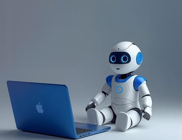 Small white humanoid robot with blue accents positioned near a laptop.