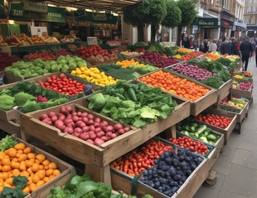 A vibrant market stall displaying an array of colorful fruits and vegetables.