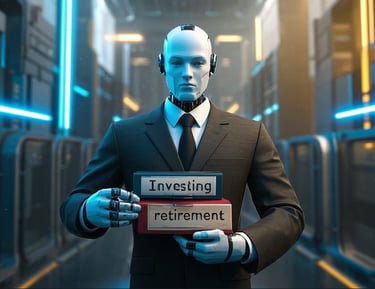 ai male robot business suit holding two books investing and retirement 