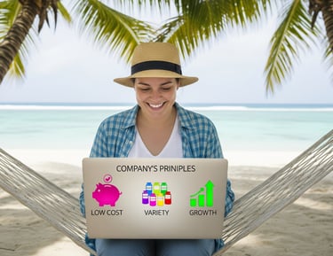 A lady sitting on a beach with a laptop doing dropshipping