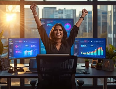 Successful entrepreneur celebrating AI tool business growth and achievements