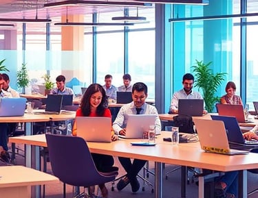 a group of people sitting at desks in a large room with their laptops