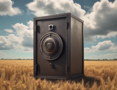 A large black tractor with big, textured tires is parked in an industrial outdoor setting. Adjacent to the tractor, there is a piece of orange agricultural machinery with metal components. In the background, parts of a building and some trees are visible.