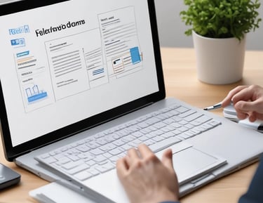 Various forms of blank stationery items are arranged, including a stack of business cards, an envelope, and sheets of paper, all placed on a neutral-colored surface.