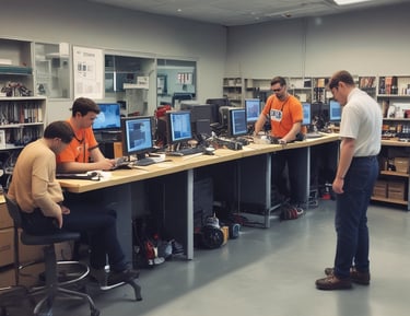 A group of technicians discussing equipment maintenance in a workshop.