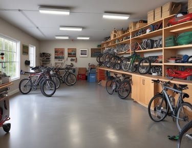 A well-organized three-car garage with labeled storage.