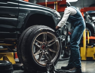 A person works intently on a vintage car with its hood open in a dimly lit garage. Tools and various mechanical parts are organized on shelves and walls, casting a warm, focused atmosphere. The vehicle appears to be an older model with a silver body and exposed engine components.