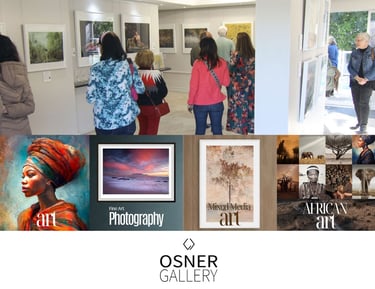 A collage of art genres that are available at Osner Art Gallery and an interior of the Osner gallery with patrons viewing art