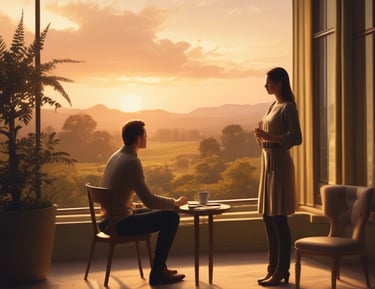 A calm therapy room with soft lighting and comfortable seating.