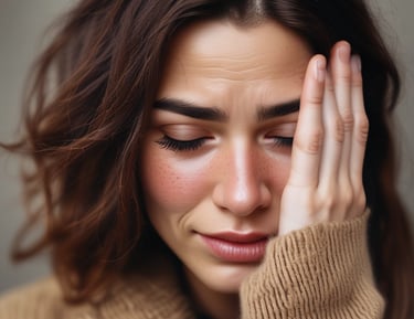 woman in brown sweater covering her face with her hand