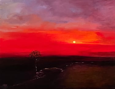 Oil painting of a vibrant red sunset over a dark silhouette landscape with a lone tree and rising sun.