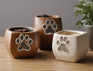 Modern pet cremation urns displayed with tasteful floral arrangements.