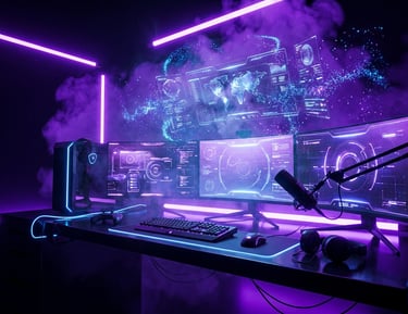 Gaming setup dark and violet with alot of monitors