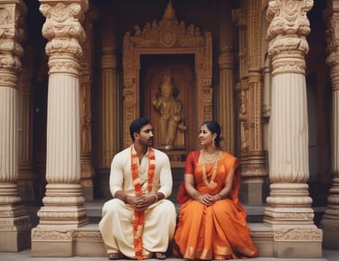 A couple dressed in traditional Indian attire are posing back-to-back under a canopy of white string lights. The man is wearing a white sherwani with a bright pink turban, while the woman is dressed in a pink and green saree with intricate jewelry and henna on her hands.