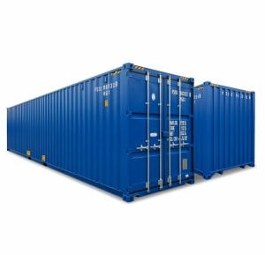 Two blue industrial shipping containers for cargo transport and storage logistics.