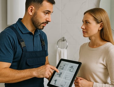 a man and woman in overalls and overalls standing in a bathroom