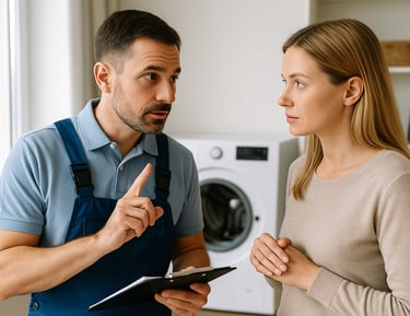 a man and woman in a kitchen talking to each other