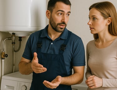 a man and woman in overalls and overalls standing in front of a washing