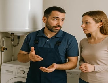 a man and woman in overalls and overalls standing in front of a washing