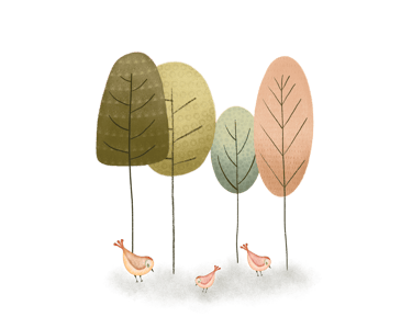 Whimsical trees and birds illustration for luxury paper stationery.