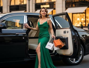 mujere elegante con bolsas de ropa de boutique de lujo