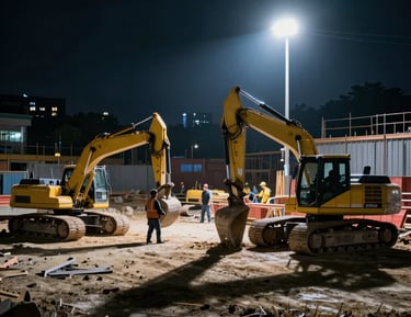 A construction site at night located in an urban area, featuring a yellow excavator with the label 'John Civetta' on its rear. The scene is surrounded by tall, illuminated office buildings. The area is cordoned off with construction barriers and traffic cones, highlighting the ongoing work. Metal fencing lines one side, adding to the industrial atmosphere.