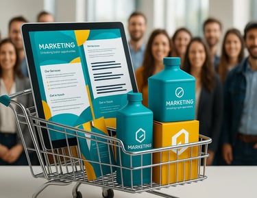 Écran affichant un visuel marketing dans un panier, avec une équipe floue en arrière-plan