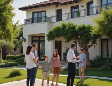 A street view of a modern building featuring a vertical red sign with the letters 'ROHAN ACC.' The building is composed of blue and gray panels with multiple windows. Power lines crisscross the scene, and part of a sign with 'GEE ESS F' is visible at the bottom.