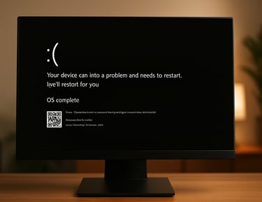 Tela preta de erro do Windows 11 exibida em um monitor de computador, com a mensagem “Seu dispositiv